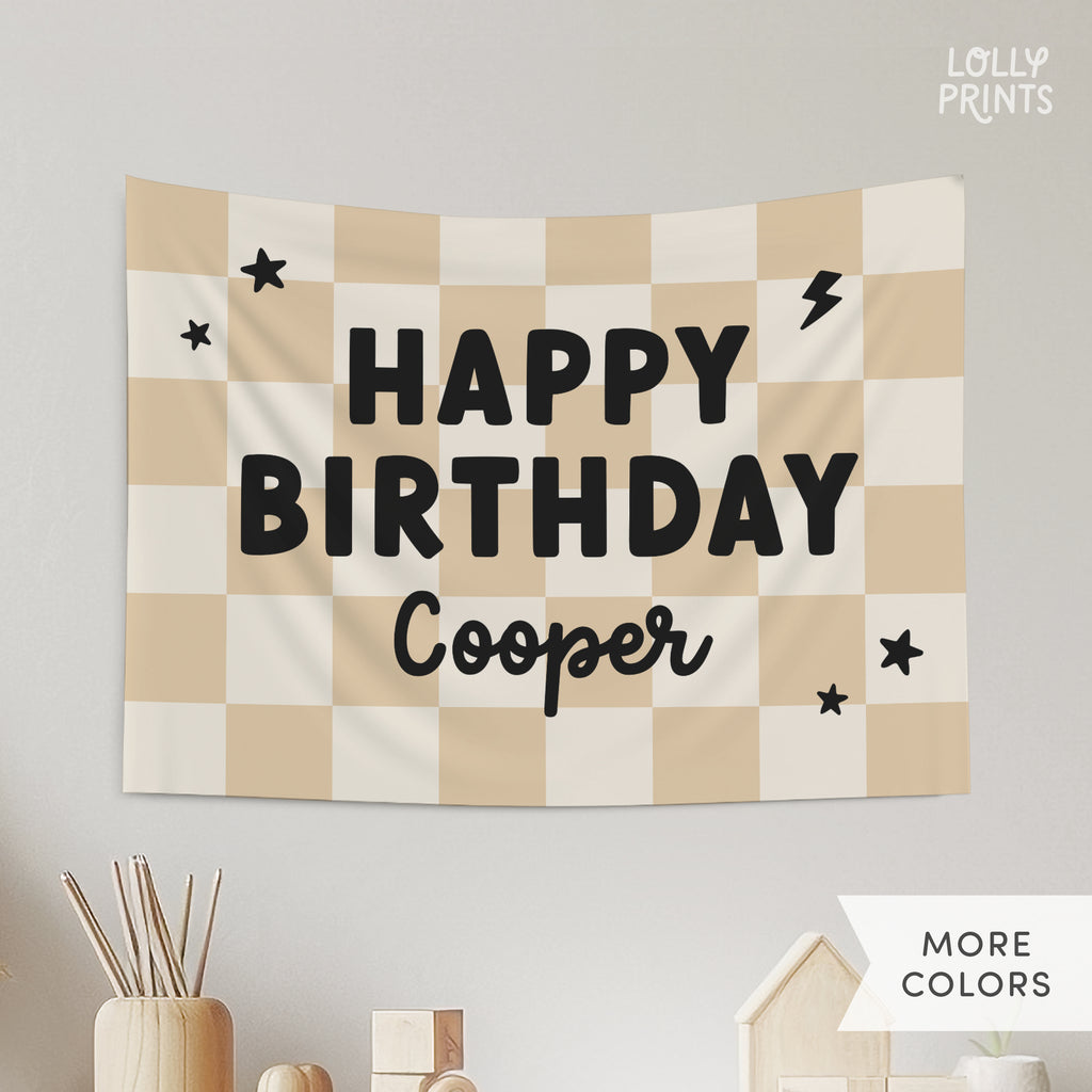Personalized Custom Name Happy Birthday Banner – Checker and Bolt