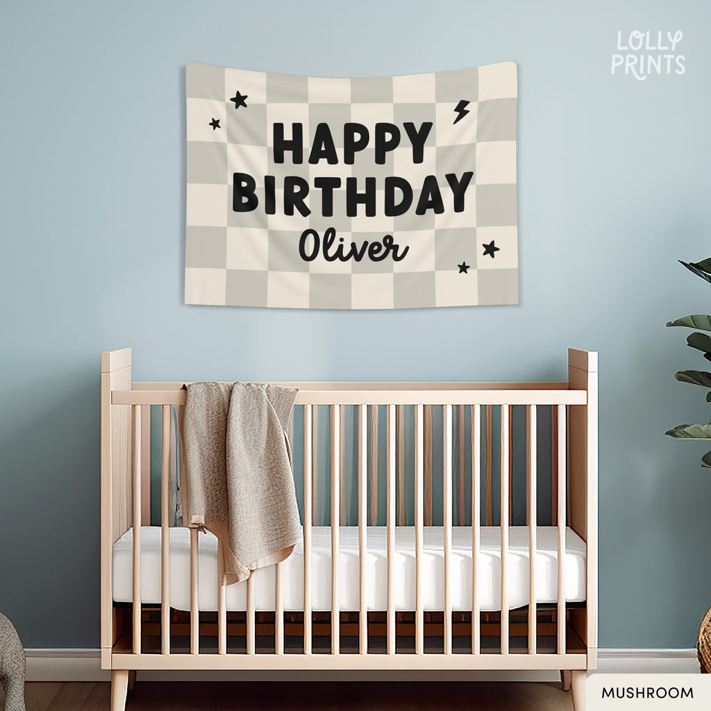 Personalized Custom Name Happy Birthday Banner – Checker and Bolt