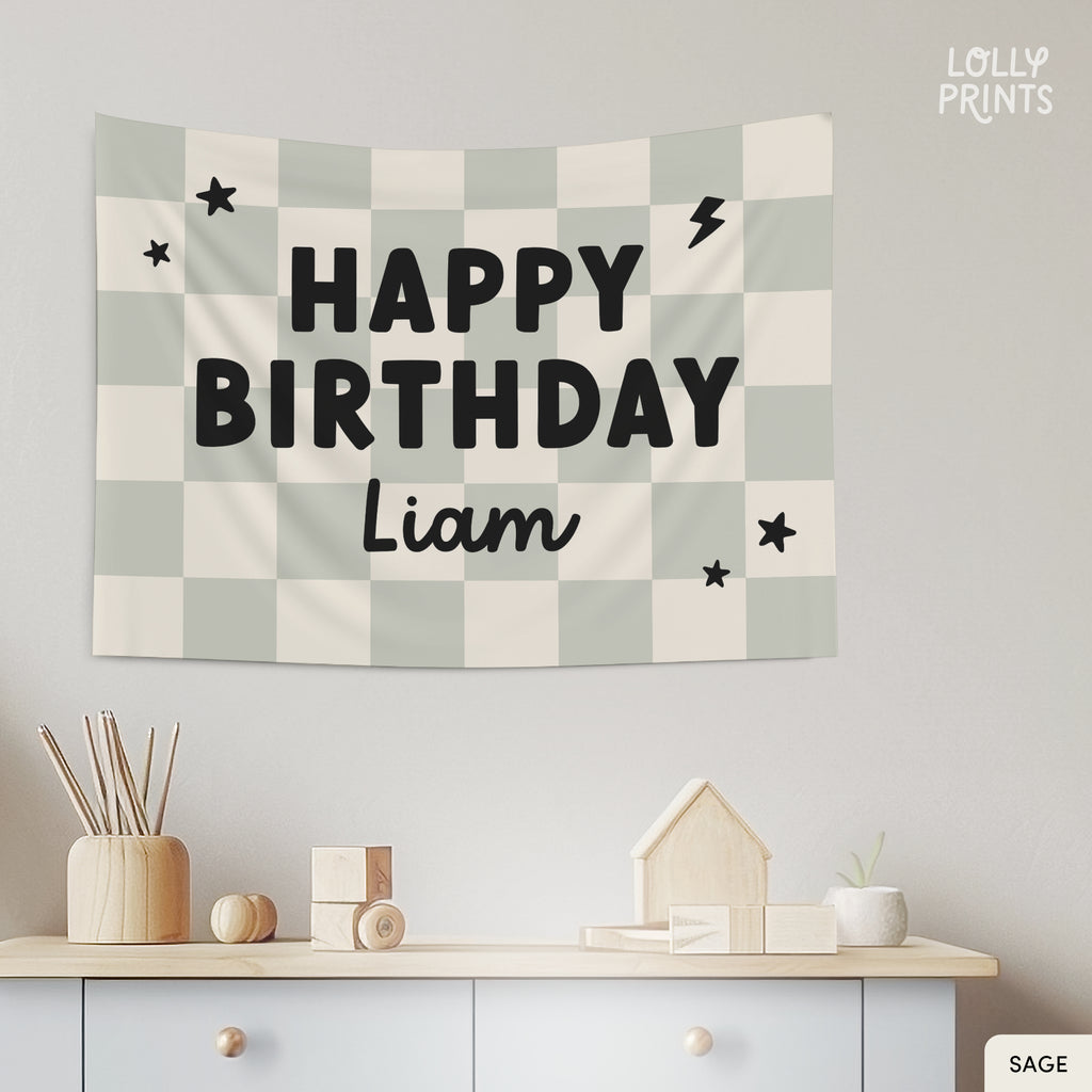 Personalized Custom Name Happy Birthday Banner – Checker and Bolt