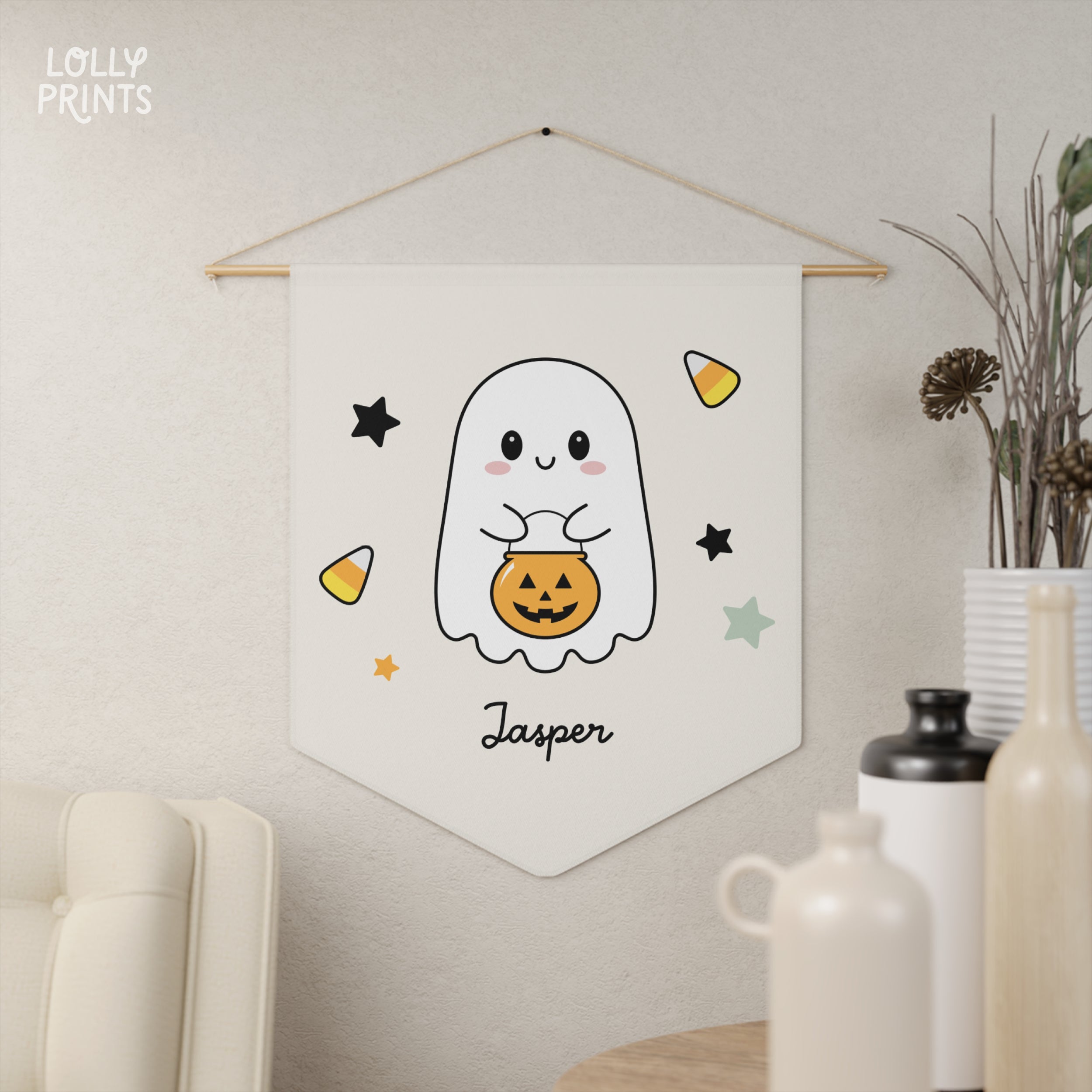 Custom Name Ghost Cute Halloween Wall Art Pennant