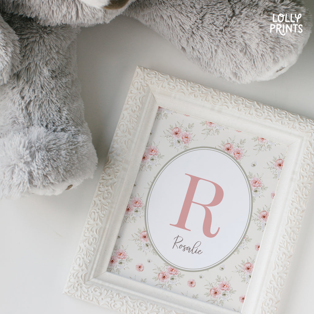 Personalized Initial Name Vintage Roses Nursery Print
