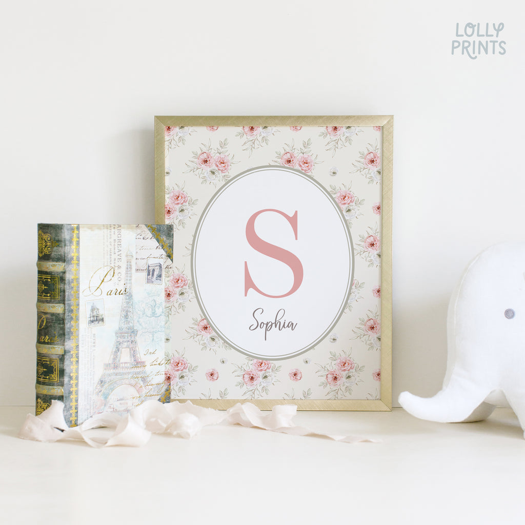 Personalized Initial Name Vintage Roses Nursery Print