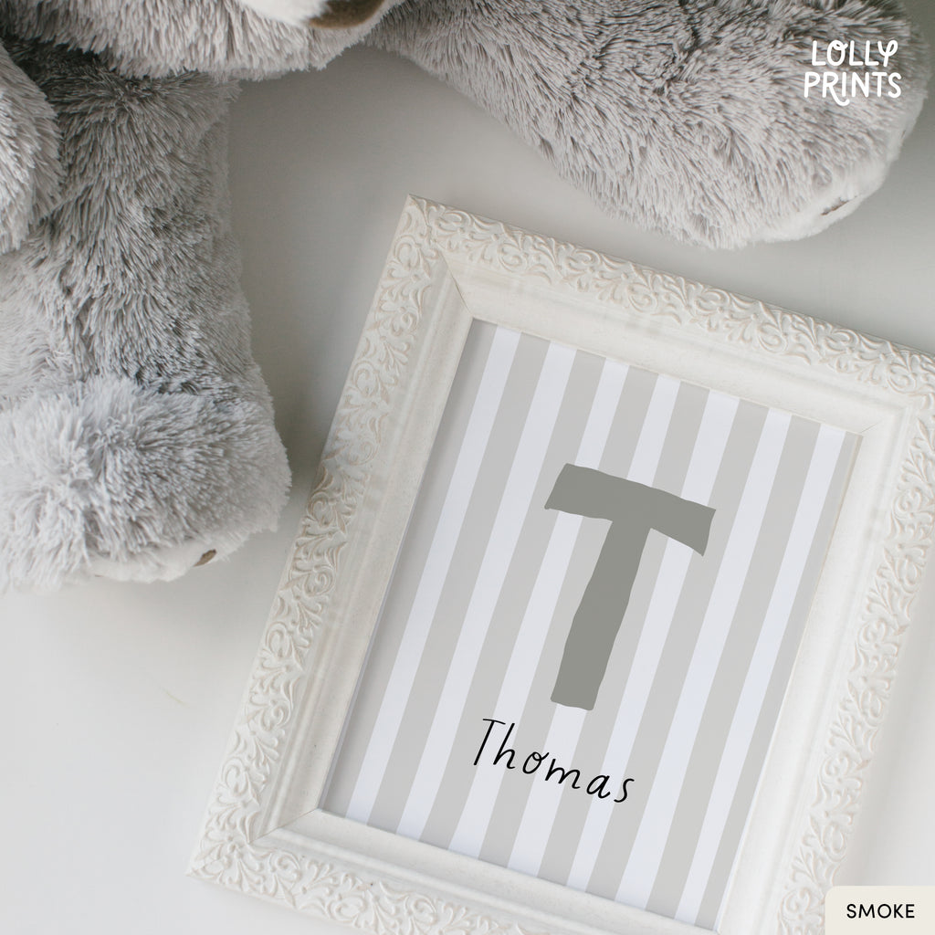 Personalized Initial Name Stripes Whimsical Nursery Print