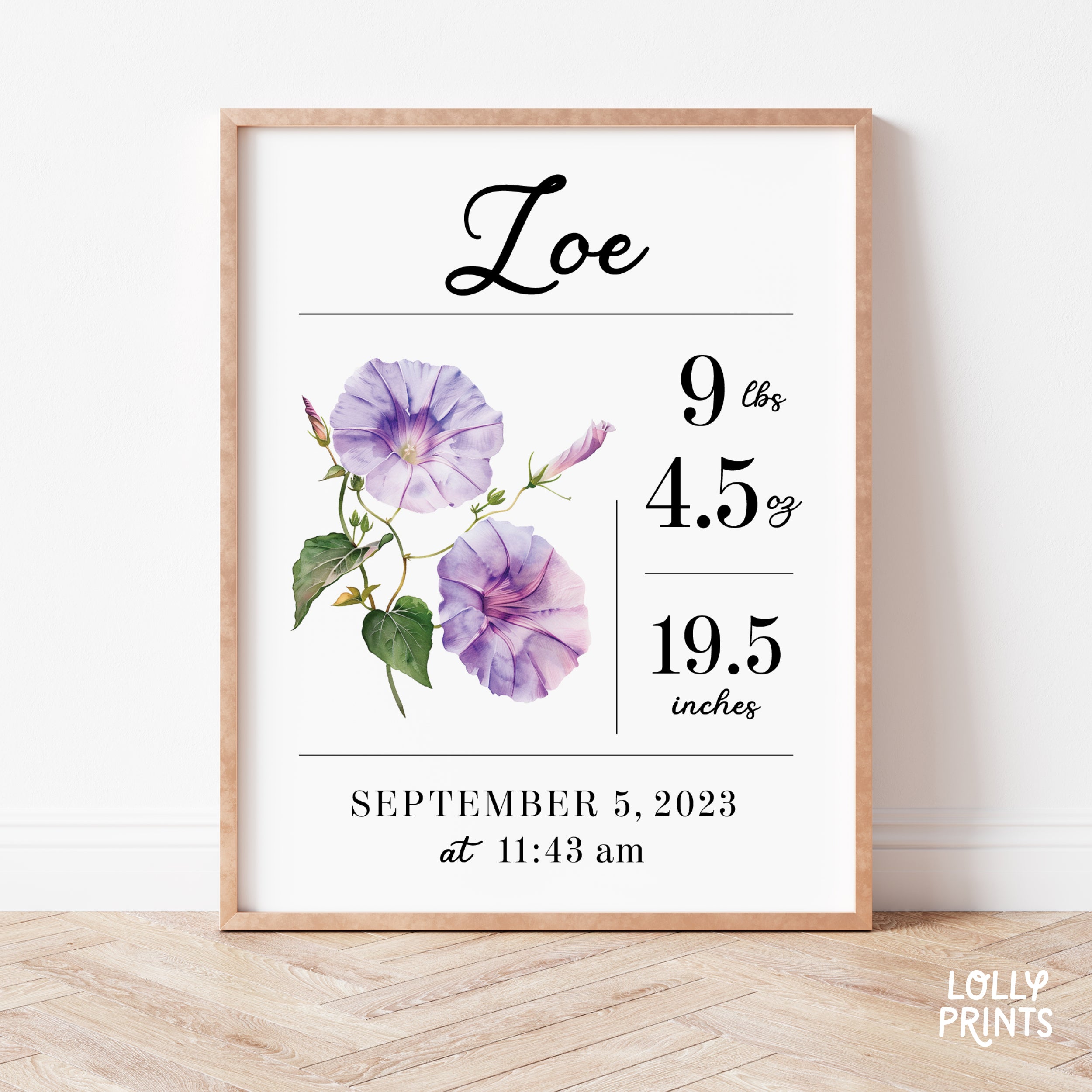 Custom Birth Stat Birth Flower Baby Name Print