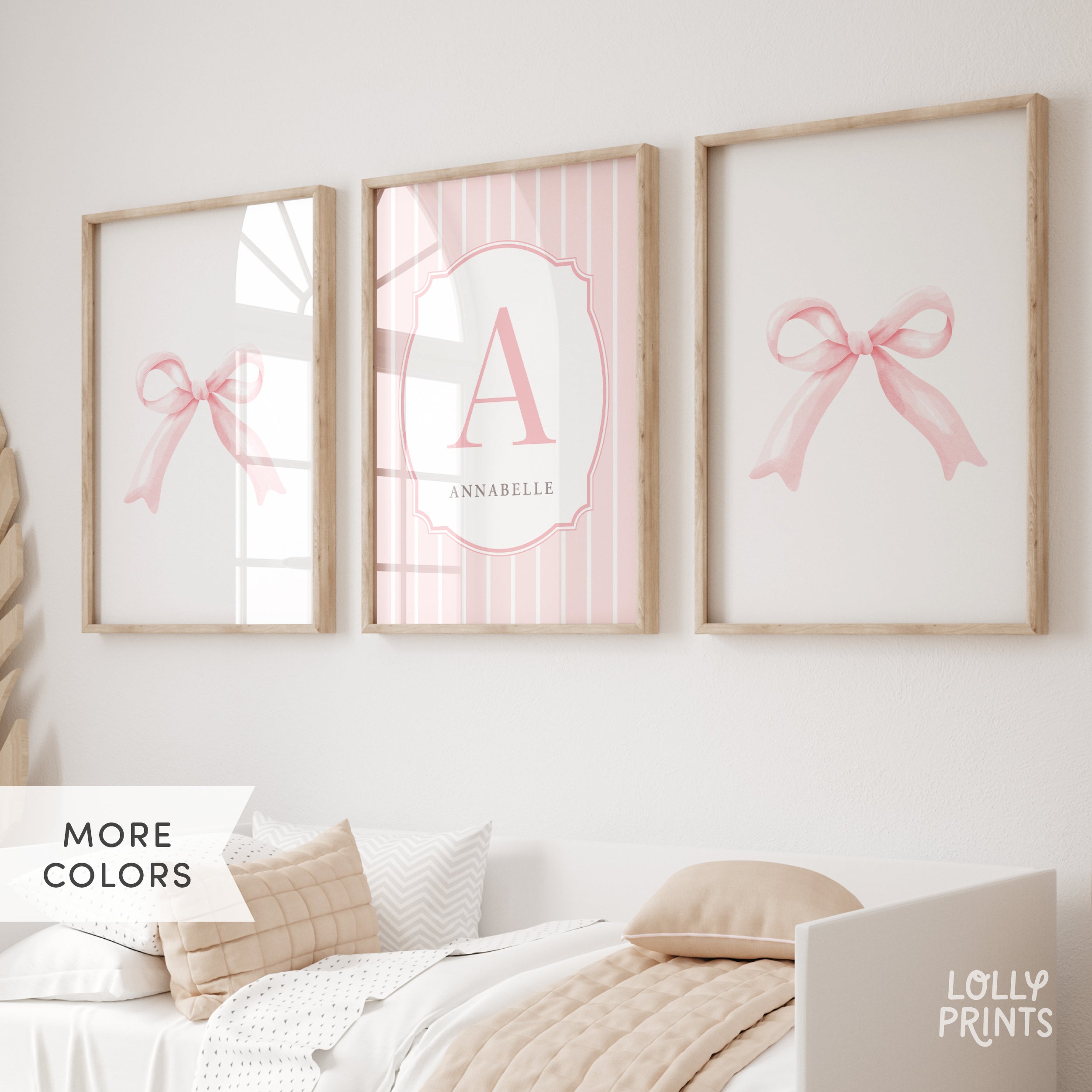 Personalized Pink Bow Coquette Nursery Wall Art Set of 3