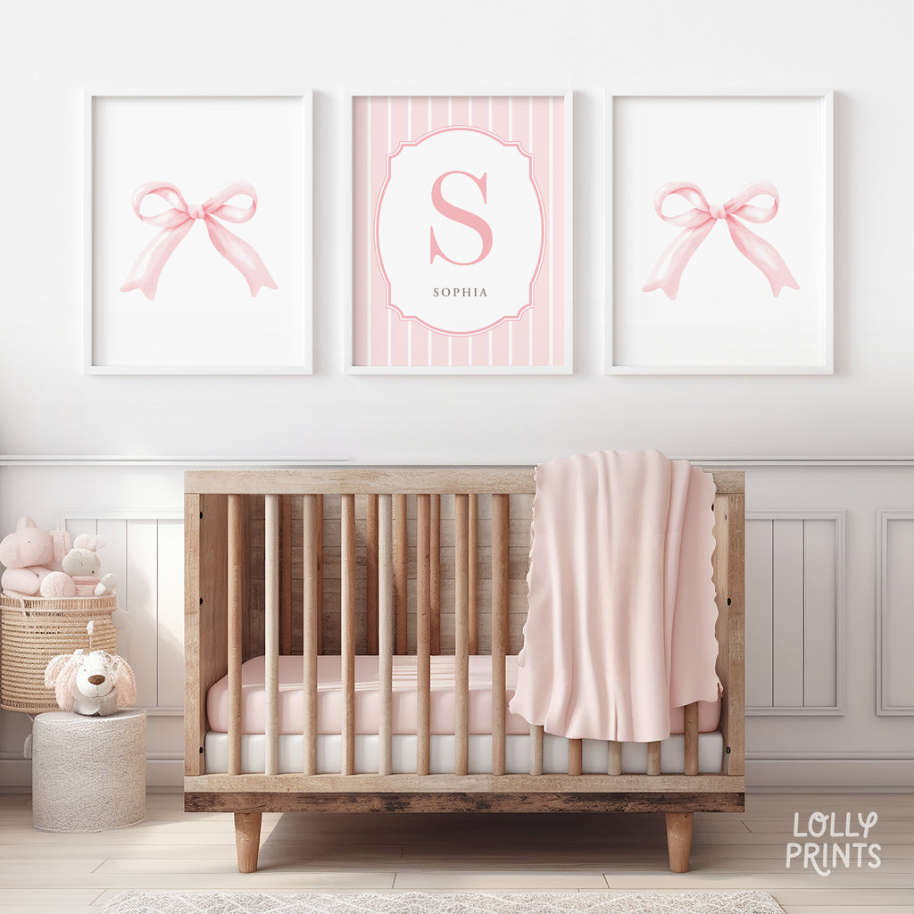 Personalized Pink Bow Coquette Nursery Wall Art Set of 3