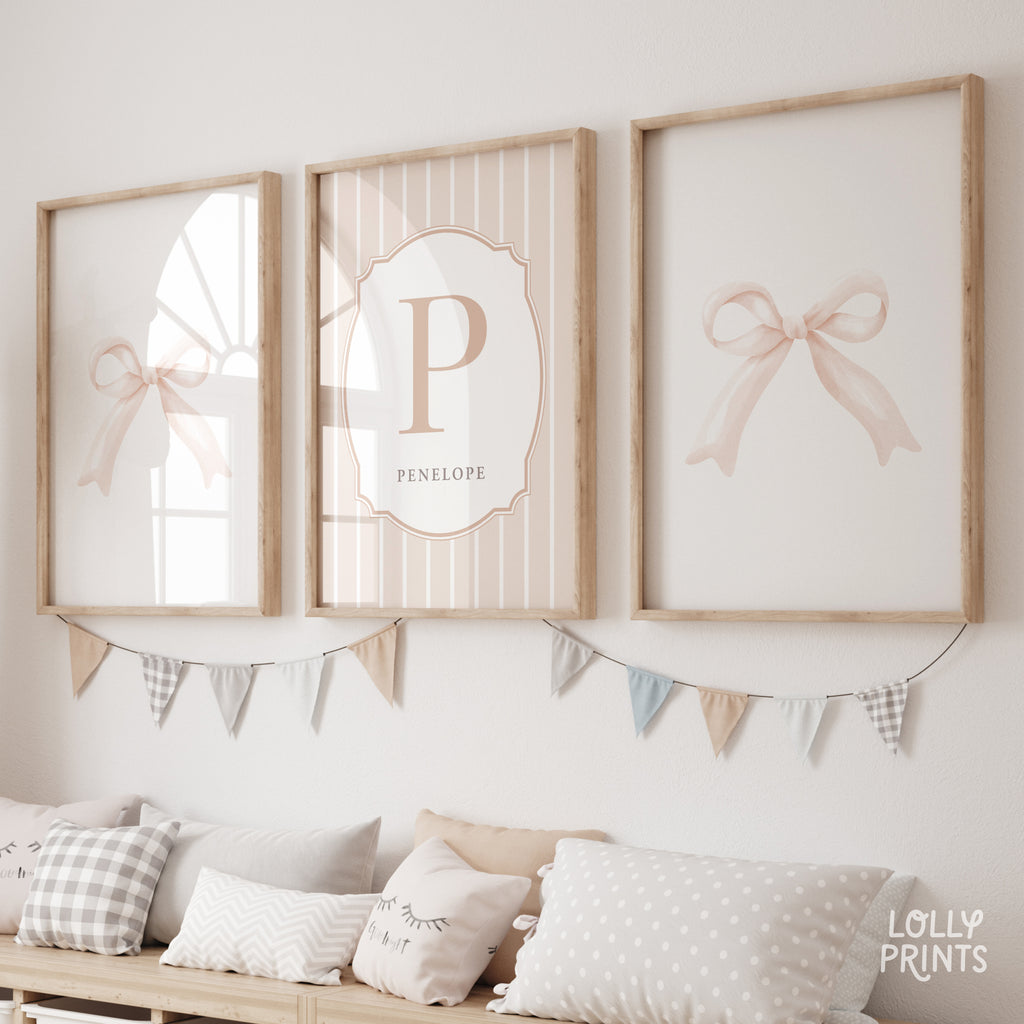 Personalized Pink Bow Coquette Nursery Wall Art Set of 3