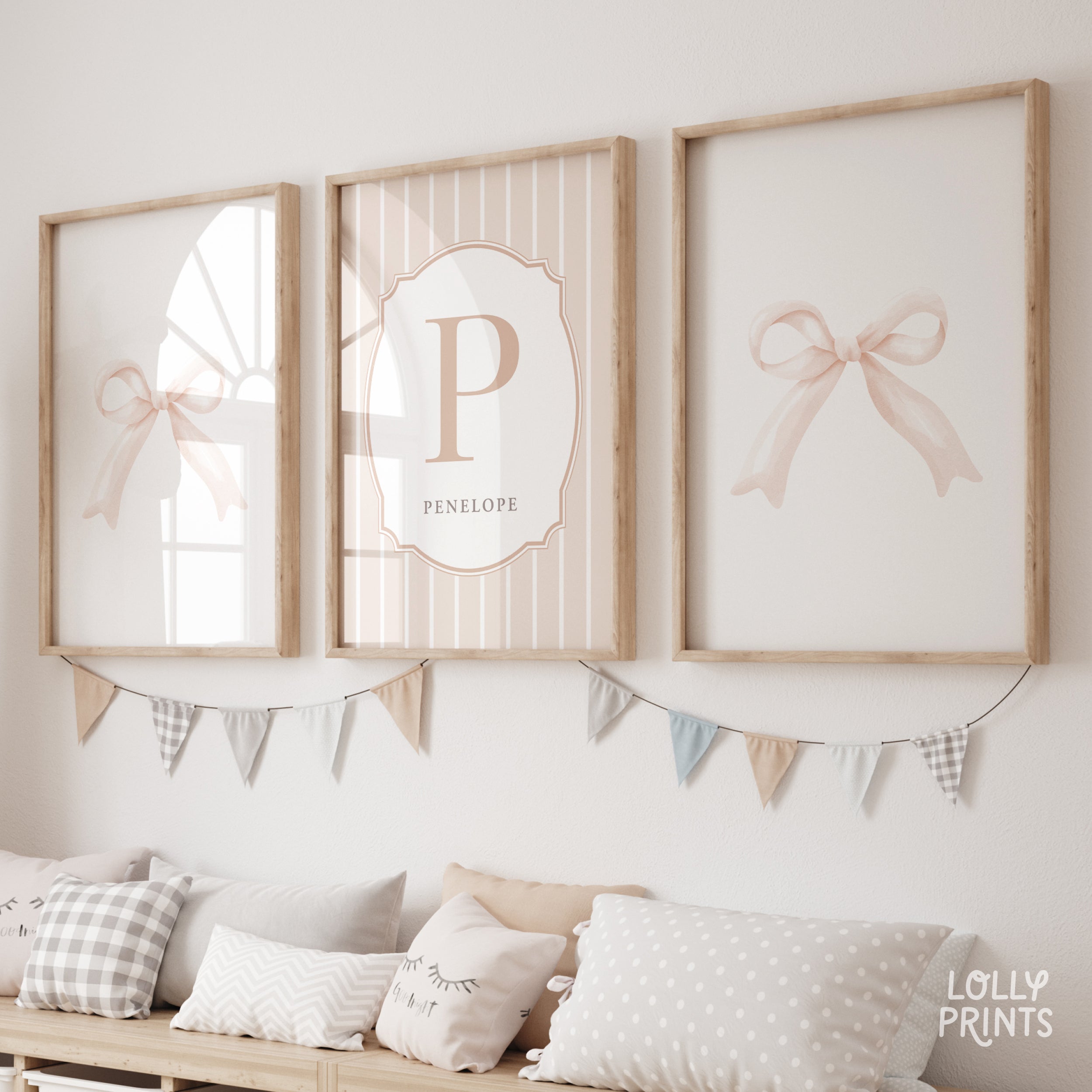 Personalized Pink Bow Coquette Nursery Wall Art Set of 3