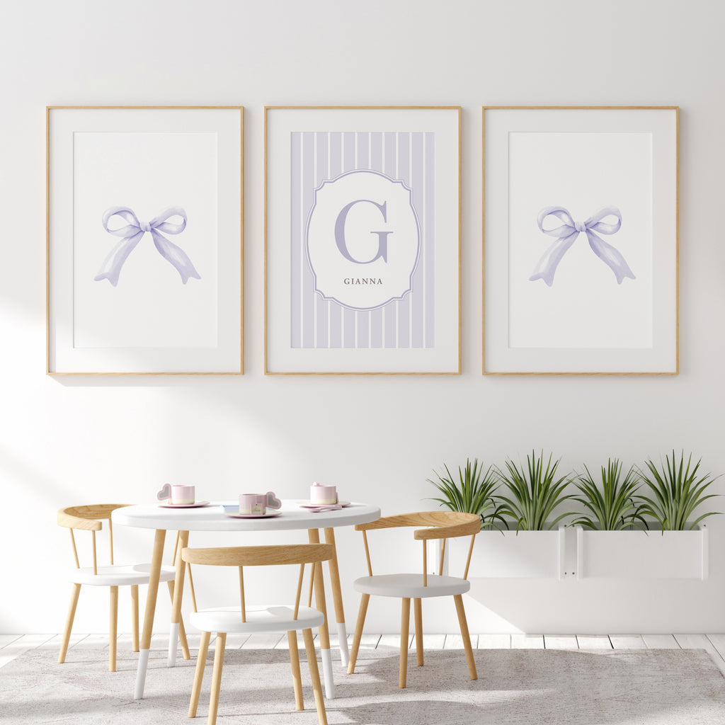 Personalized Pink Bow Coquette Nursery Wall Art Set of 3