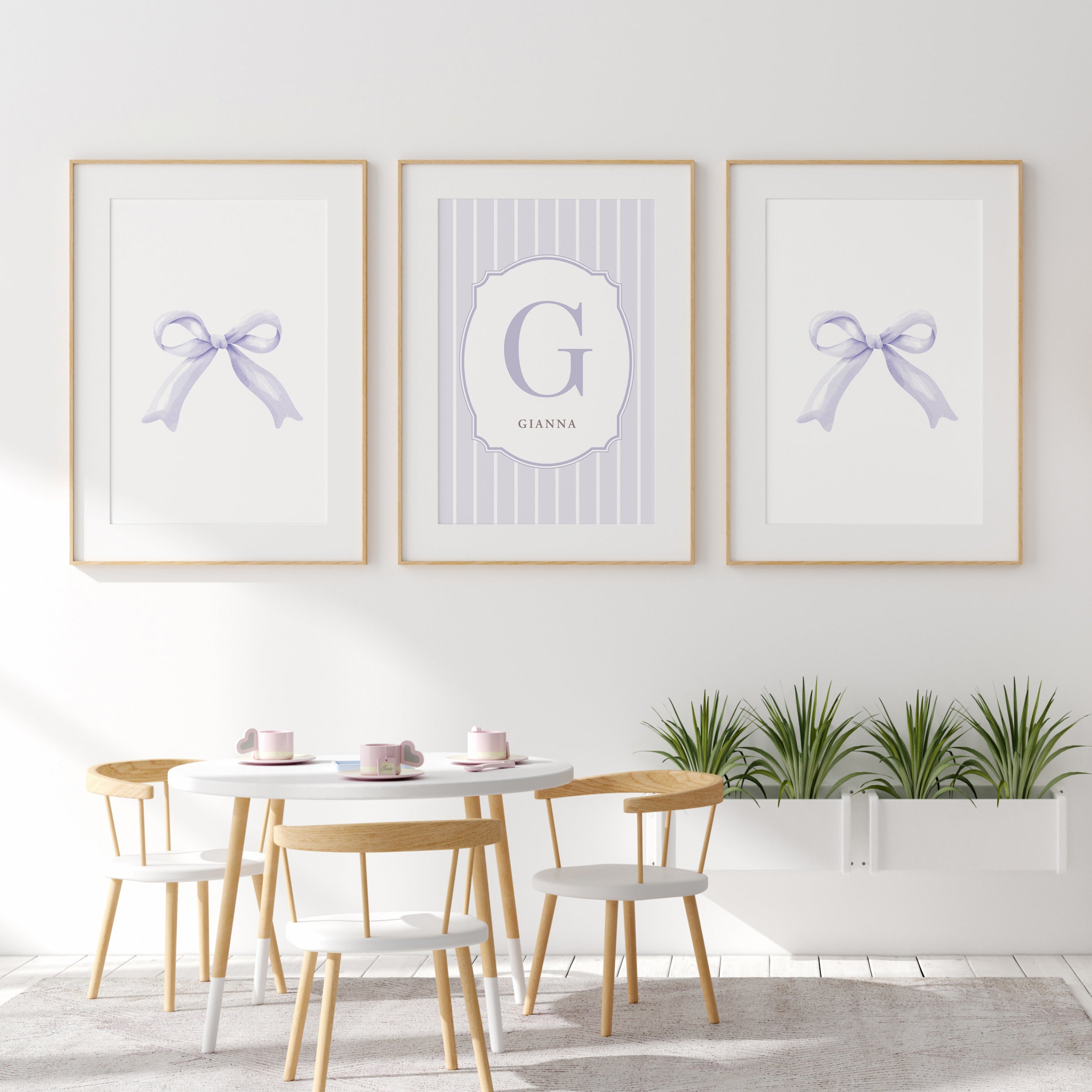 Personalized Pink Bow Coquette Nursery Wall Art Set of 3