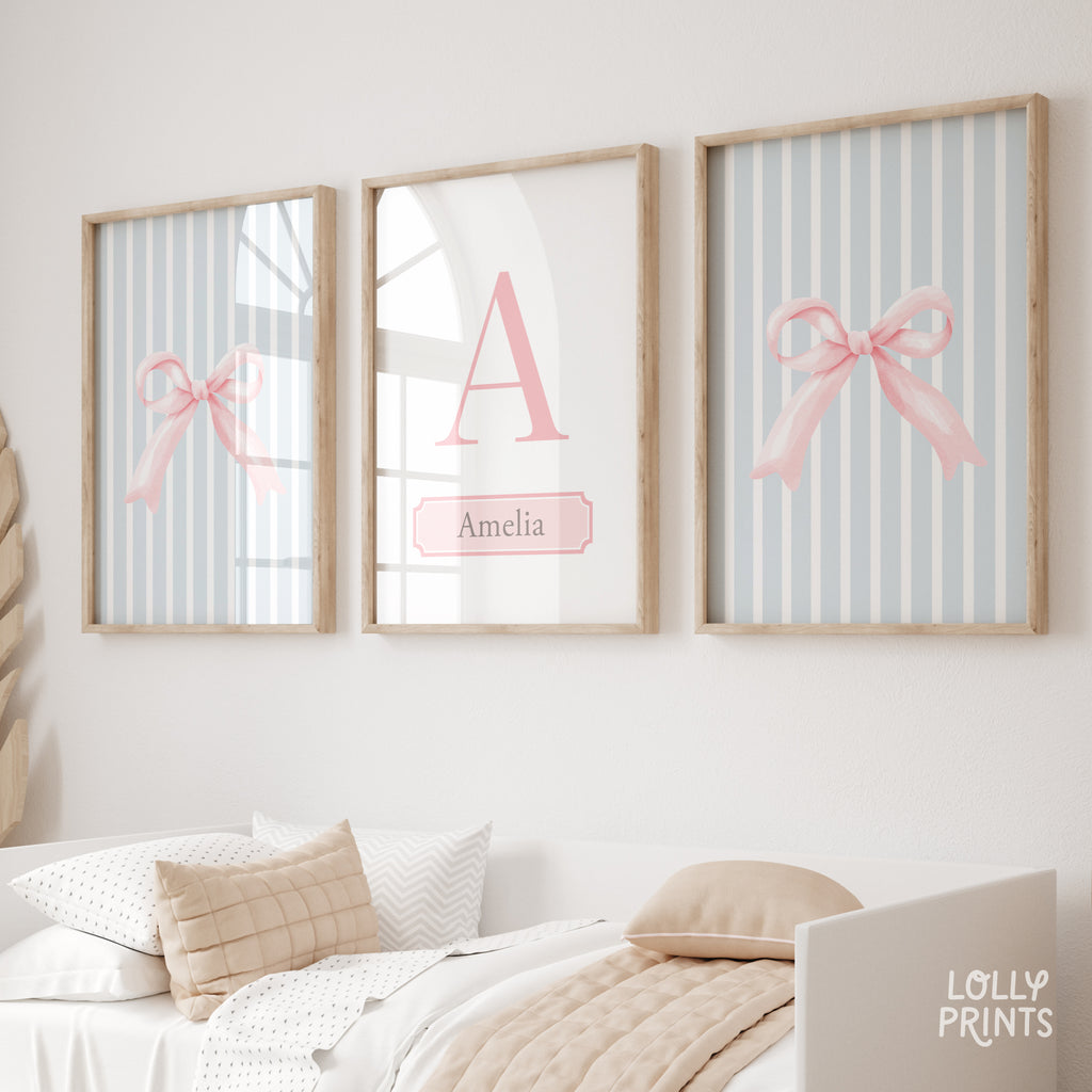 Personalized Coquette Bow Blue Stripe Nursery Wall Art Set of 3