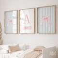 Personalized Coquette Bow Blue Stripe Nursery Wall Art Set of 3