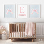 Personalized Coquette Bow Blue Stripe Nursery Wall Art Set of 3