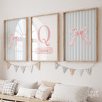 Personalized Coquette Bow Blue Stripe Nursery Wall Art Set of 3