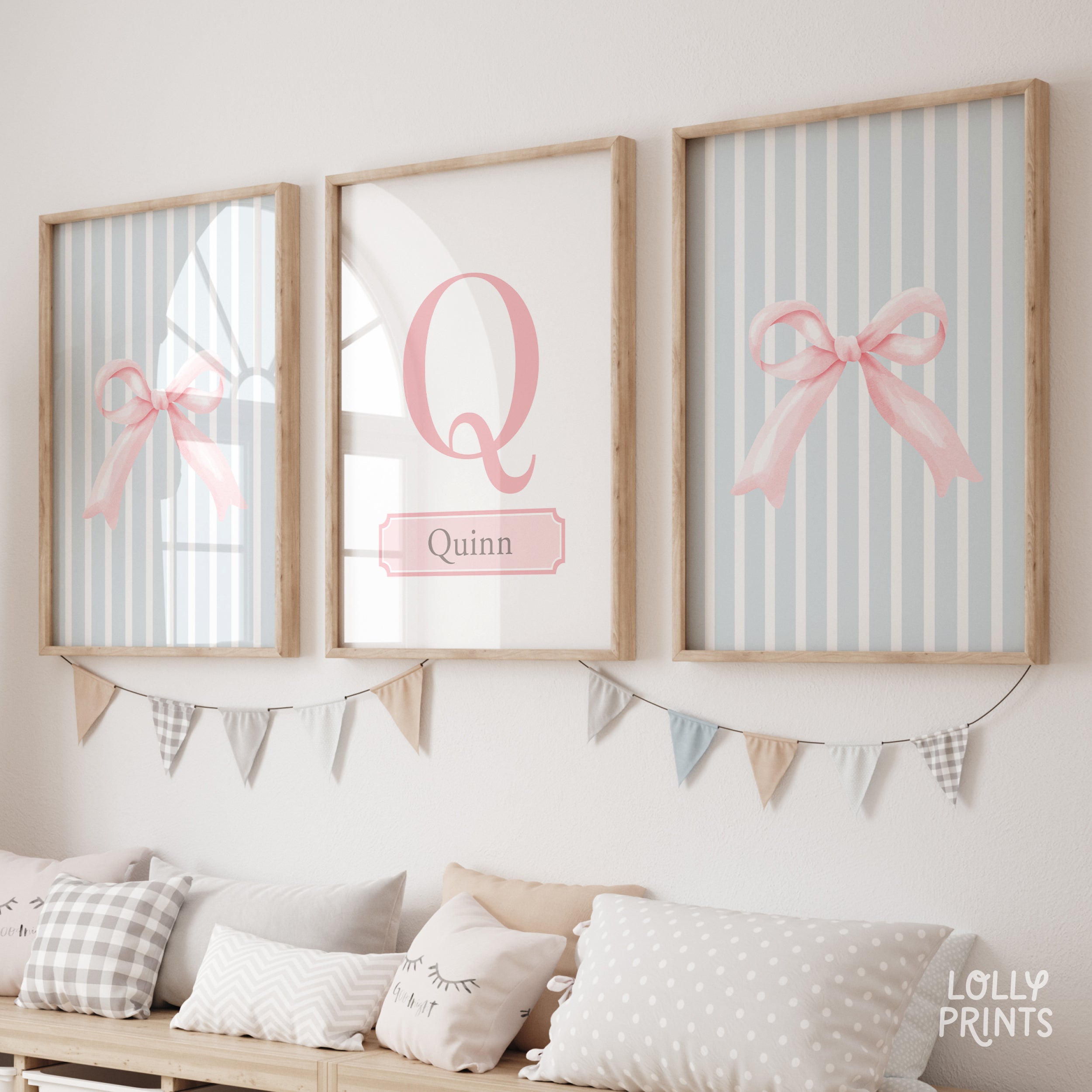 Personalized Coquette Bow Blue Stripe Nursery Wall Art Set of 3