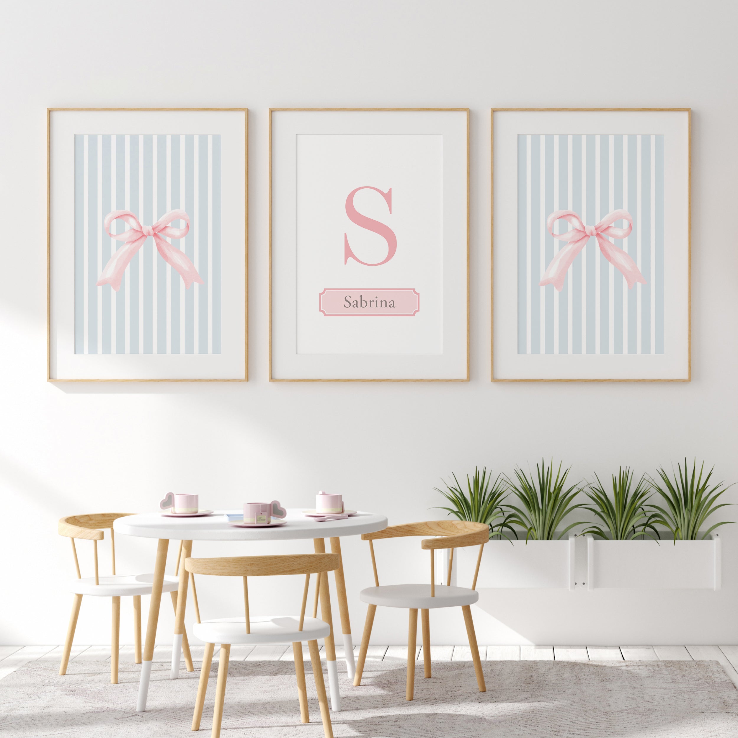 Personalized Coquette Bow Blue Stripe Nursery Wall Art Set of 3
