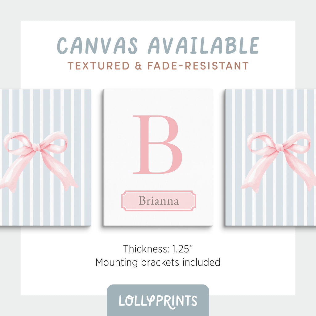 Personalized Coquette Bow Blue Stripe Nursery Wall Art Set of 3