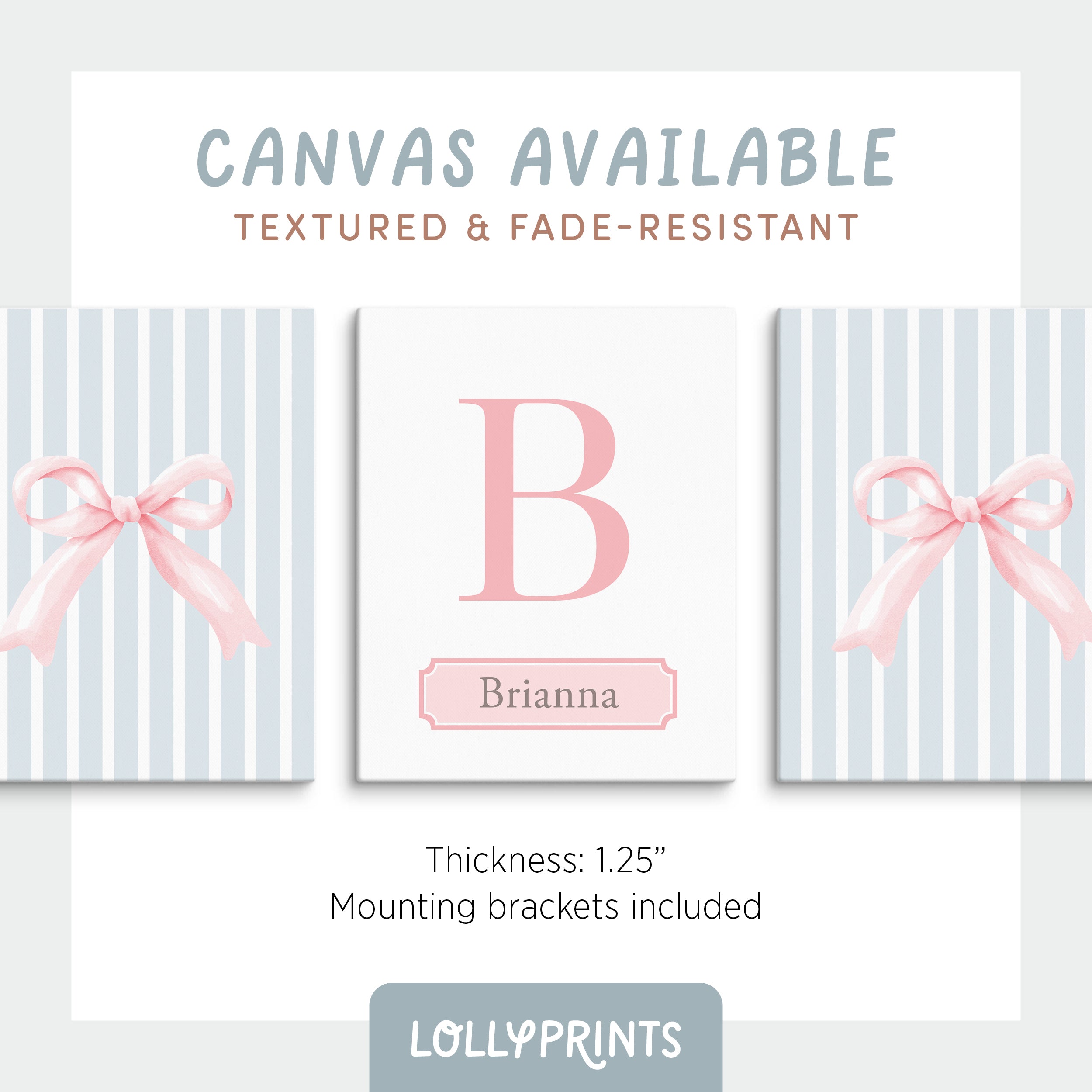 Personalized Coquette Bow Blue Stripe Nursery Wall Art Set of 3