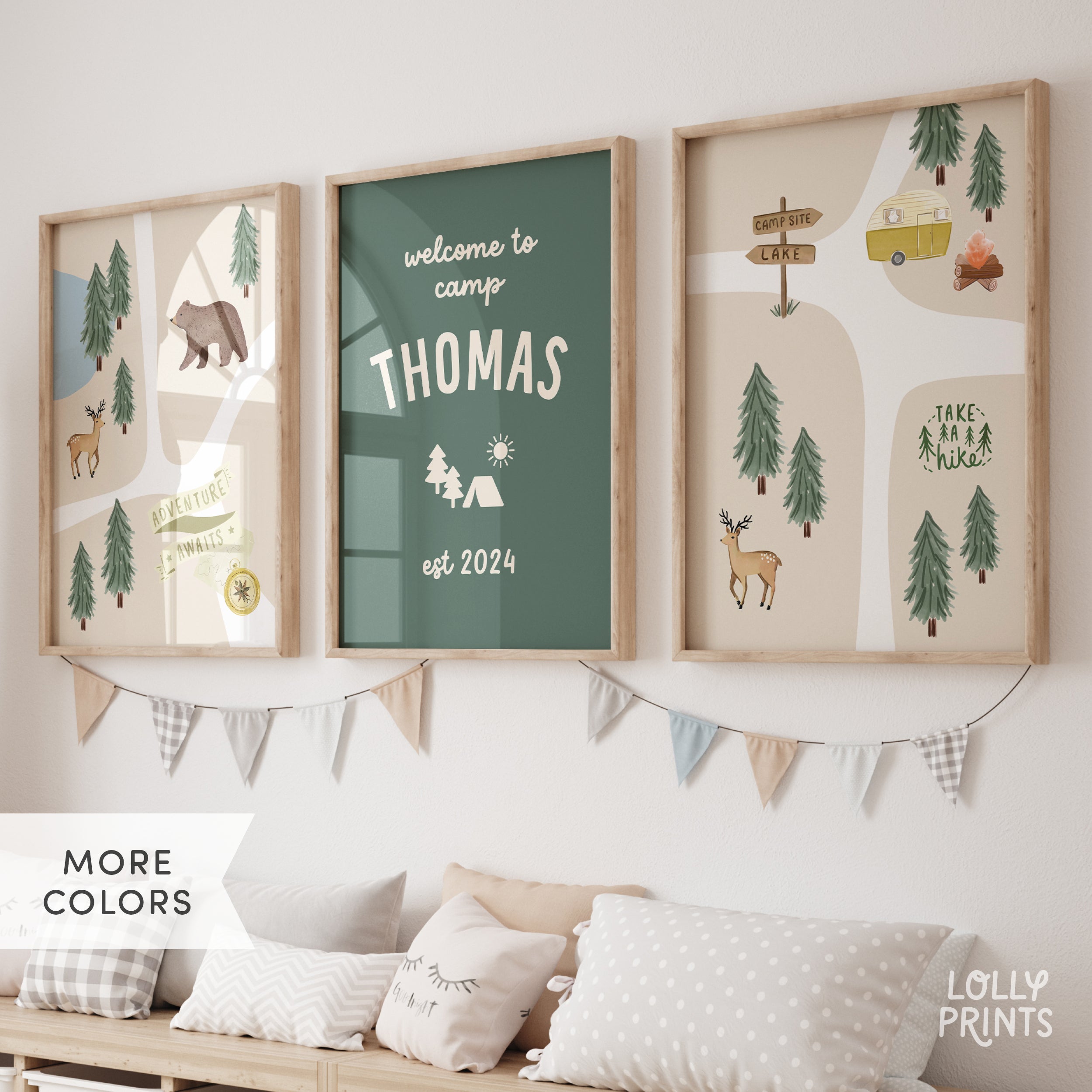 Personalized Custom Baby Name Camp Decor Wall Art Set of 3