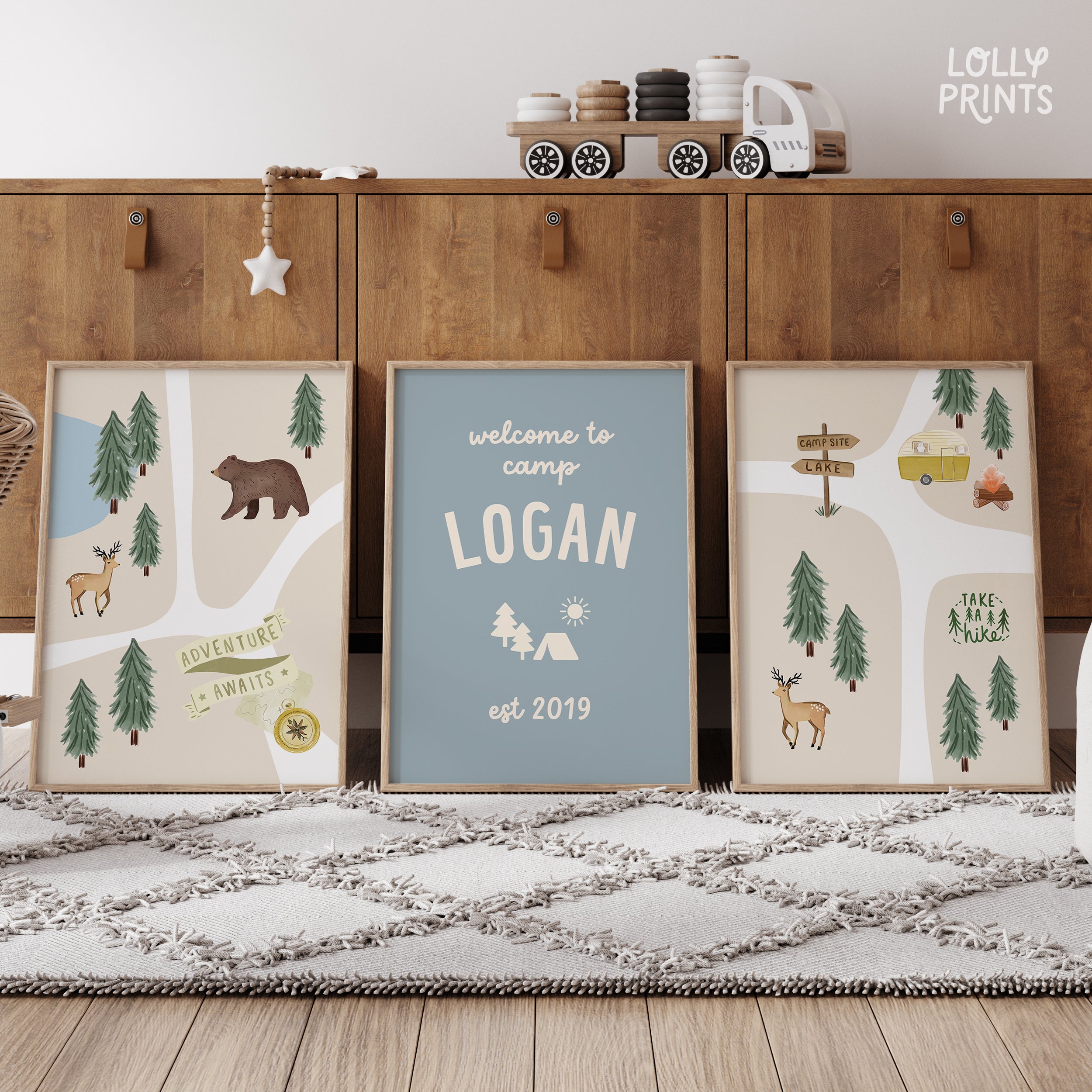 Personalized Custom Baby Name Camp Decor Wall Art Set of 3