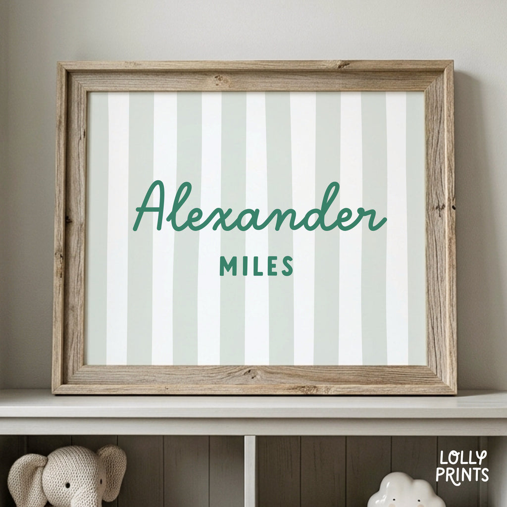Whimsical Personalized Name Stripes Print Cursive Font