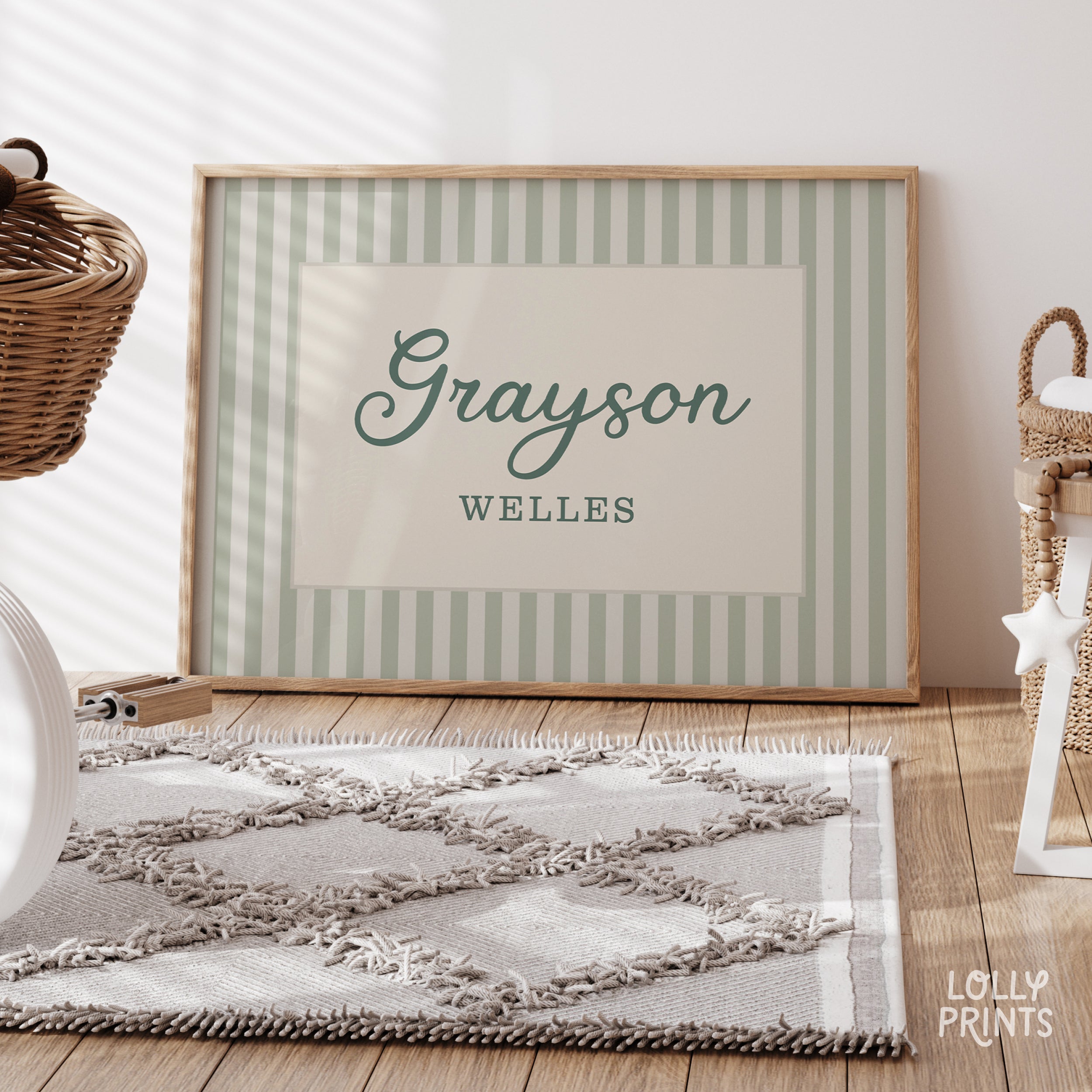 Personalized Name Stripes Print Cursive Font – Kids Room Nursery Decor
