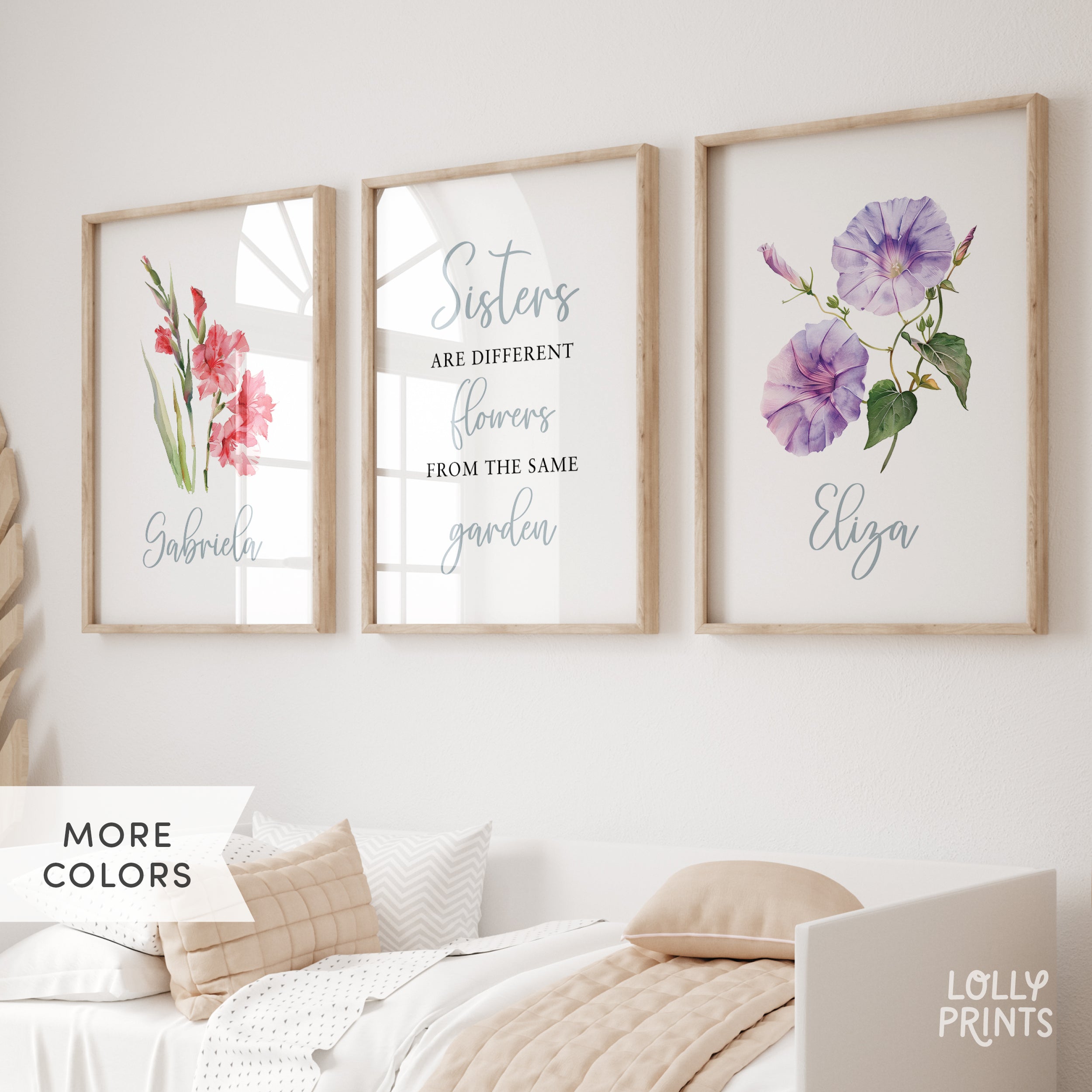 Personalized Name Sisters Birth Flower Wall Art Set of 3