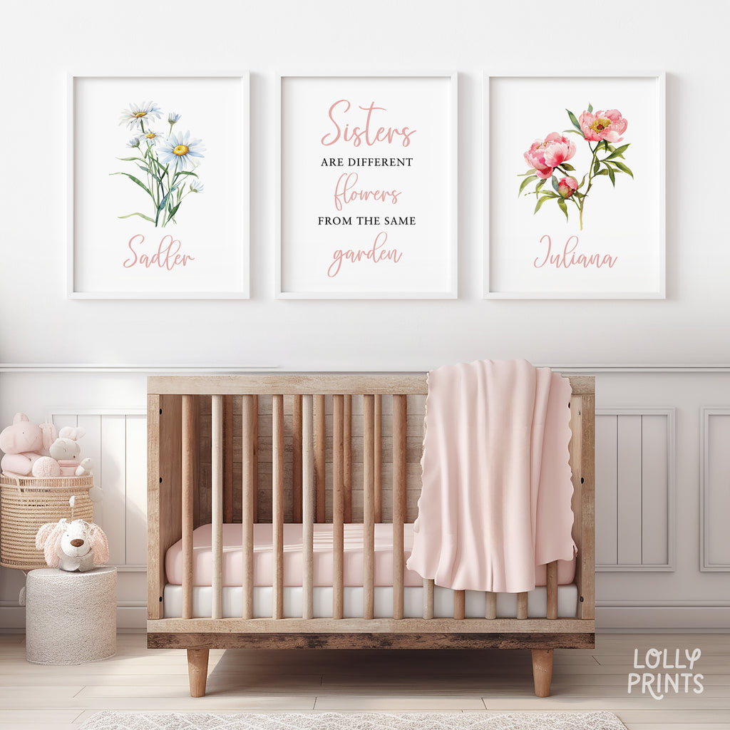 Personalized Name Sisters Birth Flower Wall Art Set of 3
