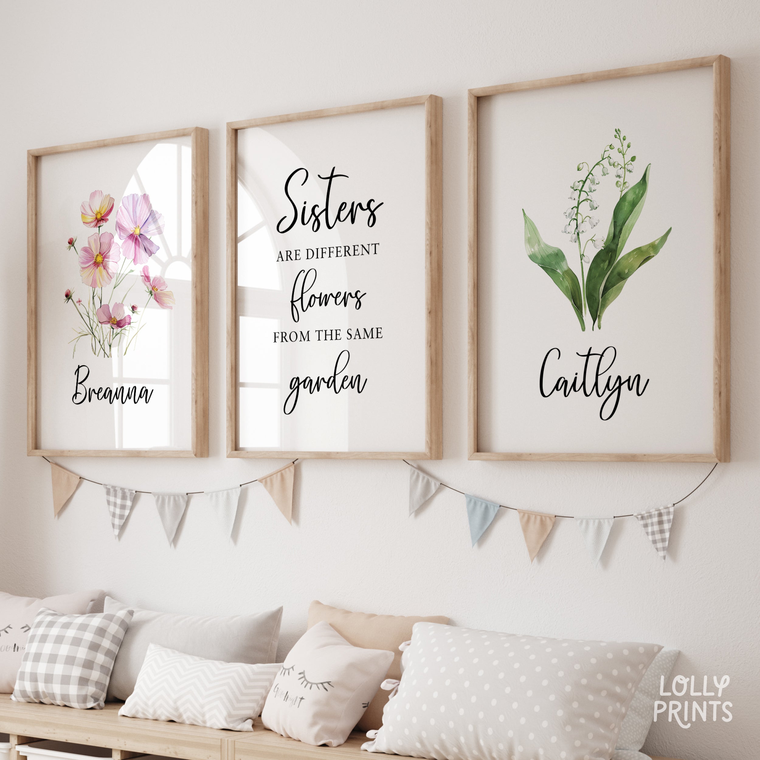 Personalized Name Sisters Birth Flower Wall Art Set of 3