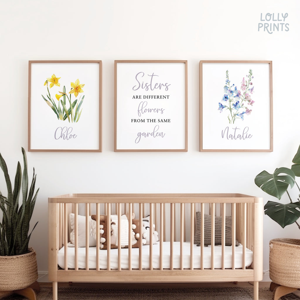 Personalized Name Sisters Birth Flower Wall Art Set of 3