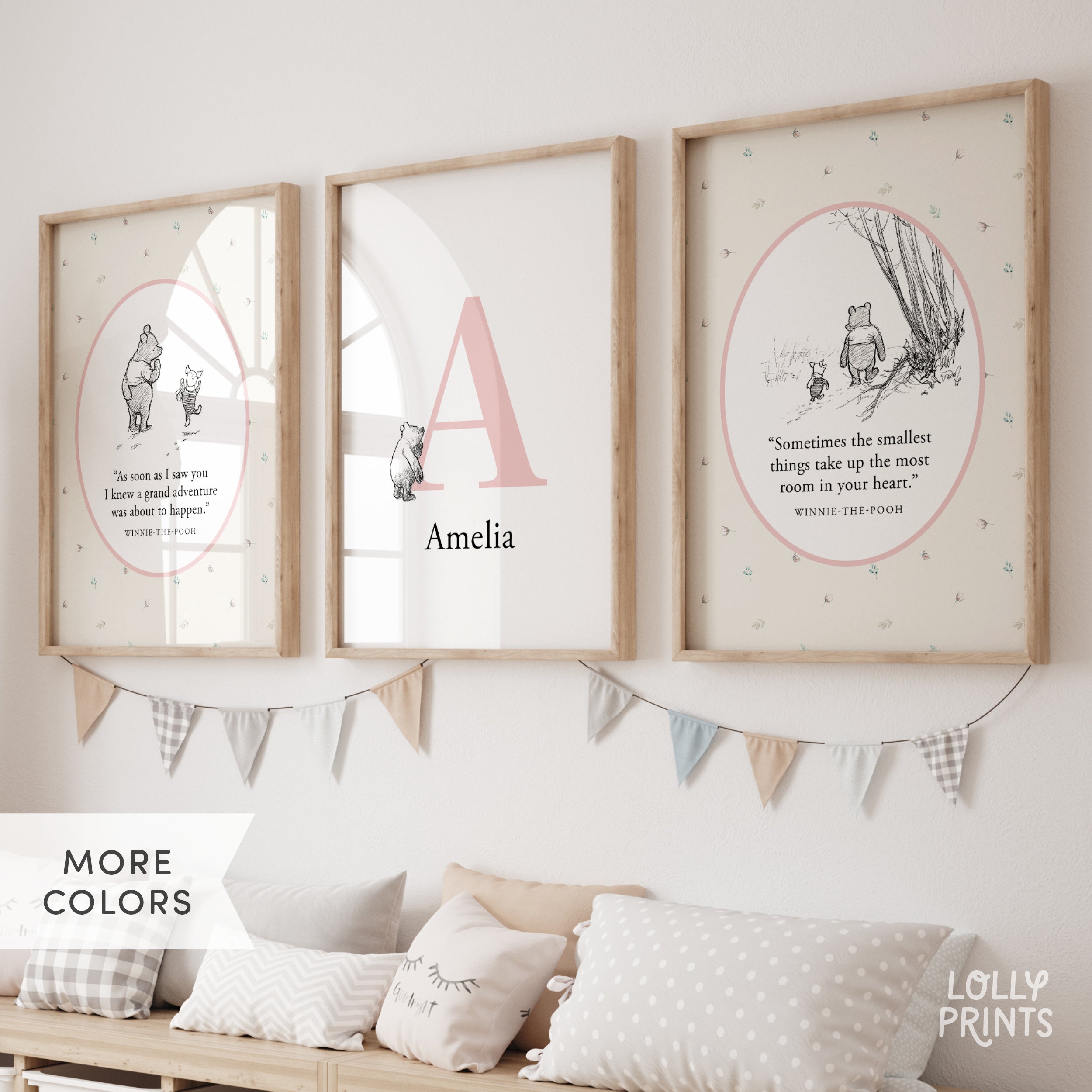 Personalized Classic Winnie The Pooh Nursery Wall Art Set of 3 Little Flowers